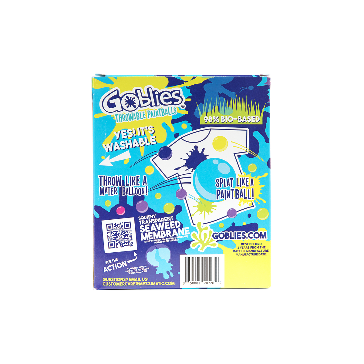 A package of Goblies Throwable Paintballs containing 40 blue paintballs displayed in front of a splashy background.