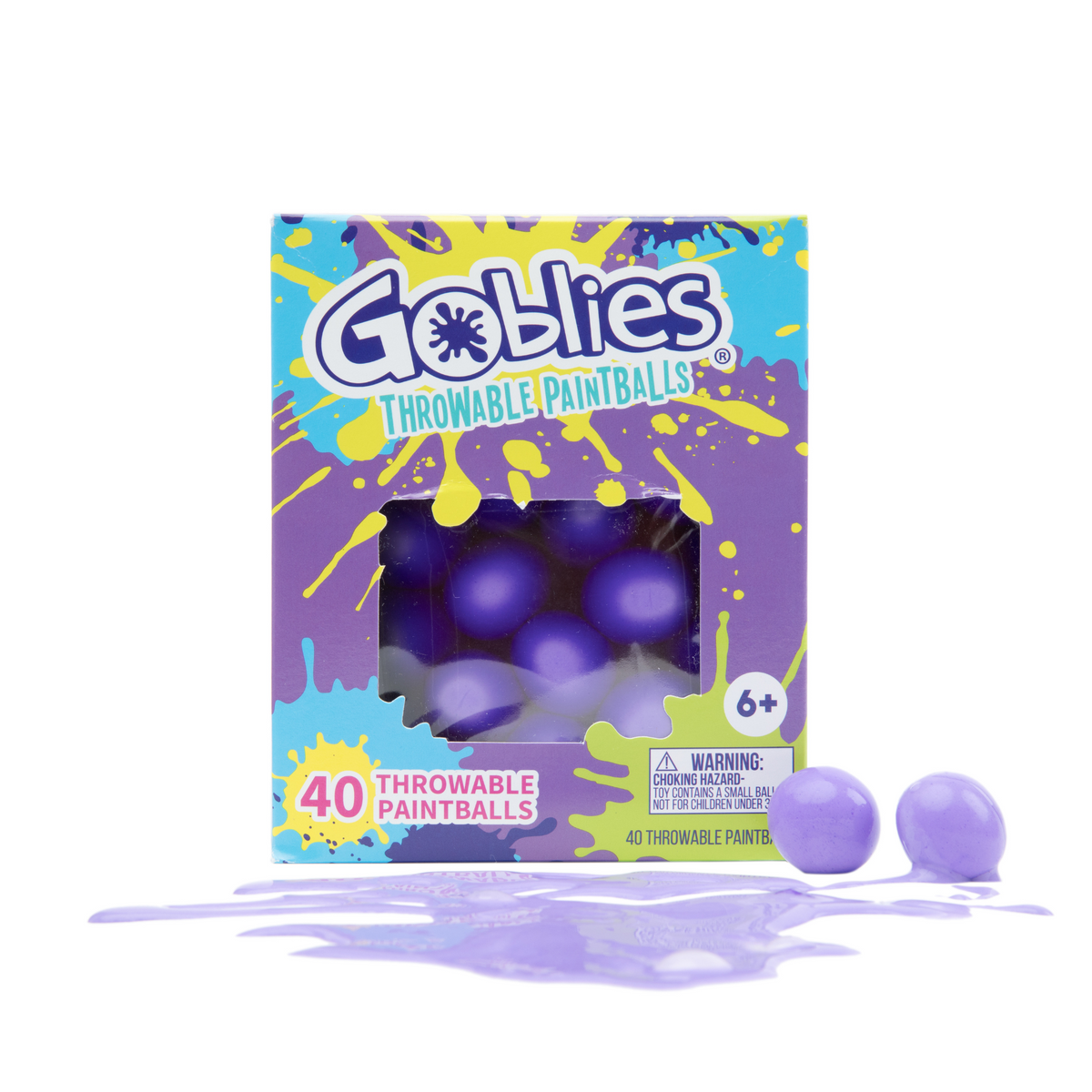 A package of Goblies Throwable Paintballs in purple color, with the product visible through a window on the box. The packaging is vibrant with splashes of purple and yellow, and text indicates the product is suitable for ages 6 and up, and includes 40 paintballs.