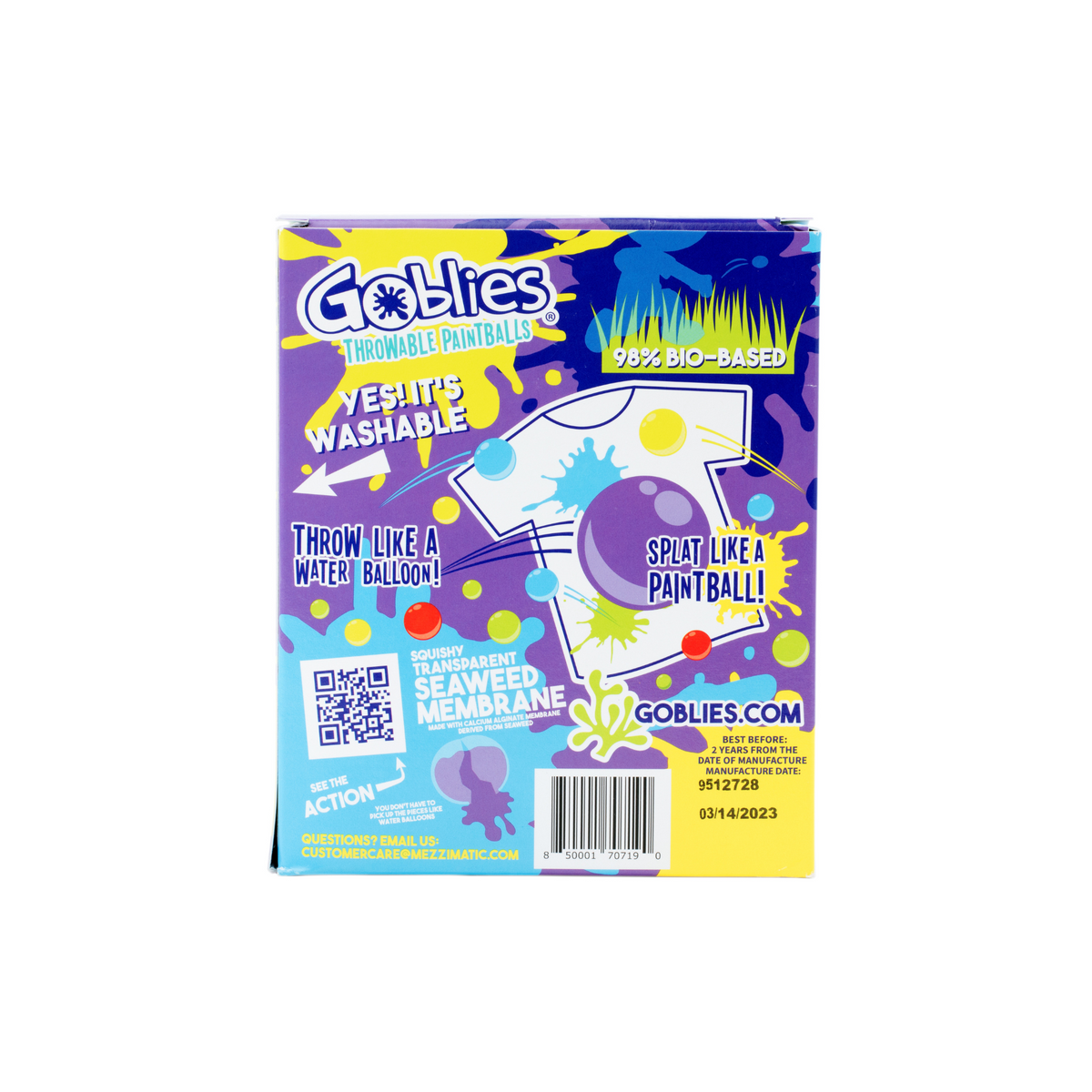 A package of Goblies Throwable Paintballs in purple color, with the product visible through a window on the box. The packaging is vibrant with splashes of purple and yellow, and text indicates the product is suitable for ages 6 and up, and includes 40 paintballs.