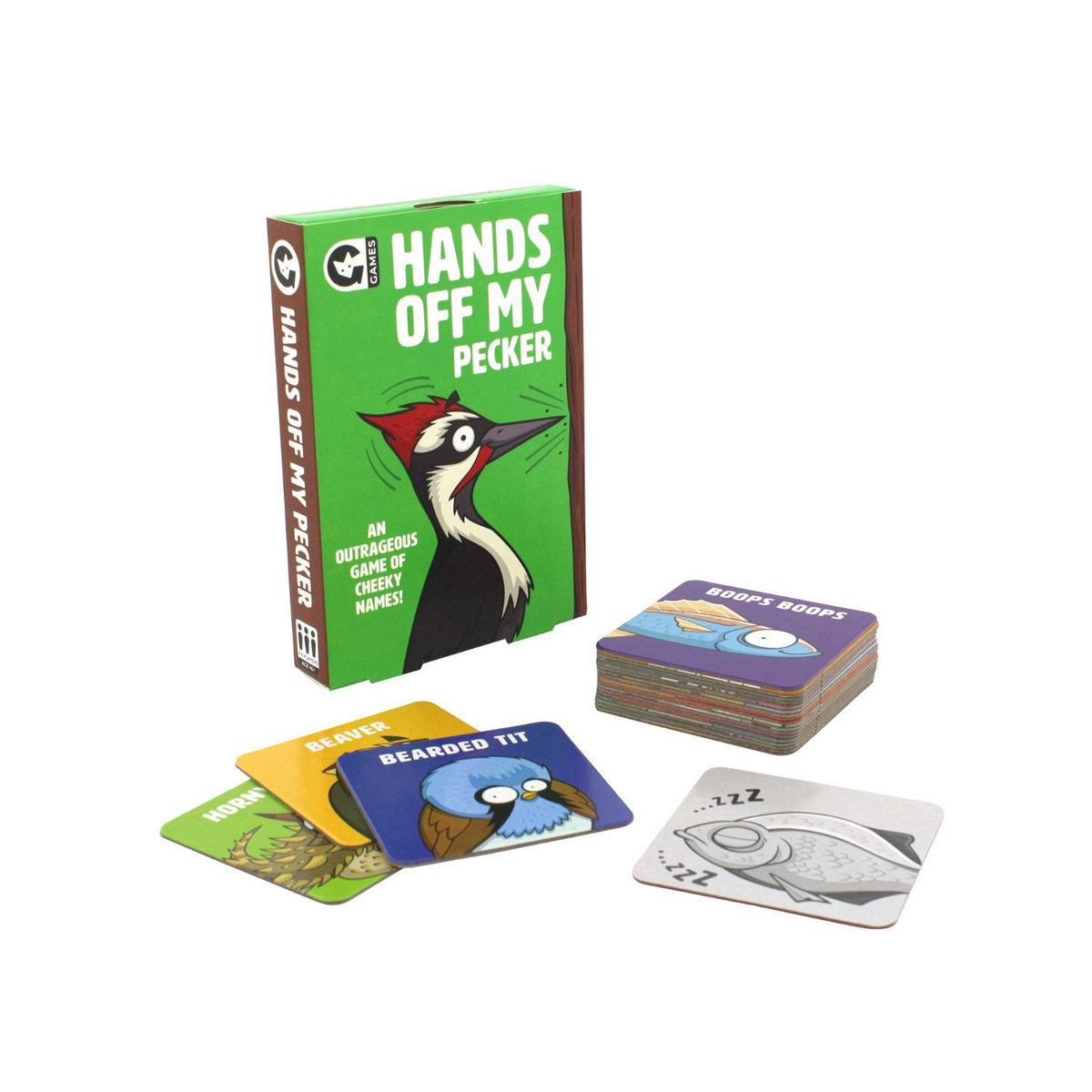 The image features the product title &quot;Hands Off My Pecker,&quot; presented in a vibrant and eye-catching design. The game&#39;s title is prominently displayed at the top in bold, black lettering, with a graphic of a peckerwood (a type of bird) looking cheeky and animated, adding a playful touch to the game&#39;s theme.