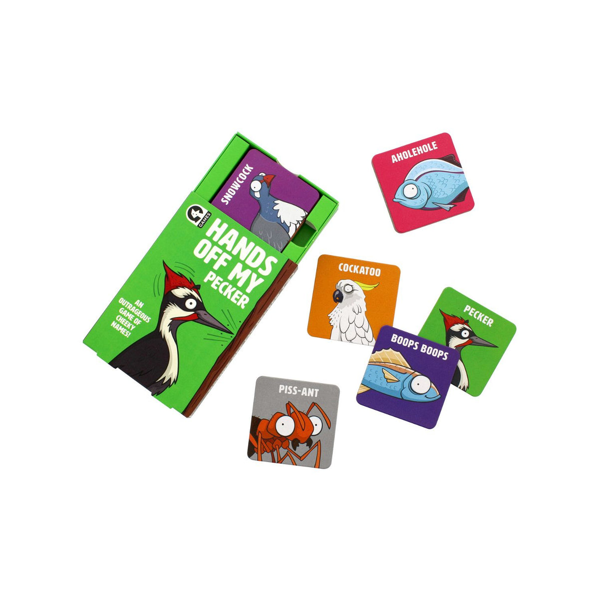 The image features the product title &quot;Hands Off My Pecker,&quot; presented in a vibrant and eye-catching design. The game&#39;s title is prominently displayed at the top in bold, black lettering, with a graphic of a peckerwood (a type of bird) looking cheeky and animated, adding a playful touch to the game&#39;s theme.