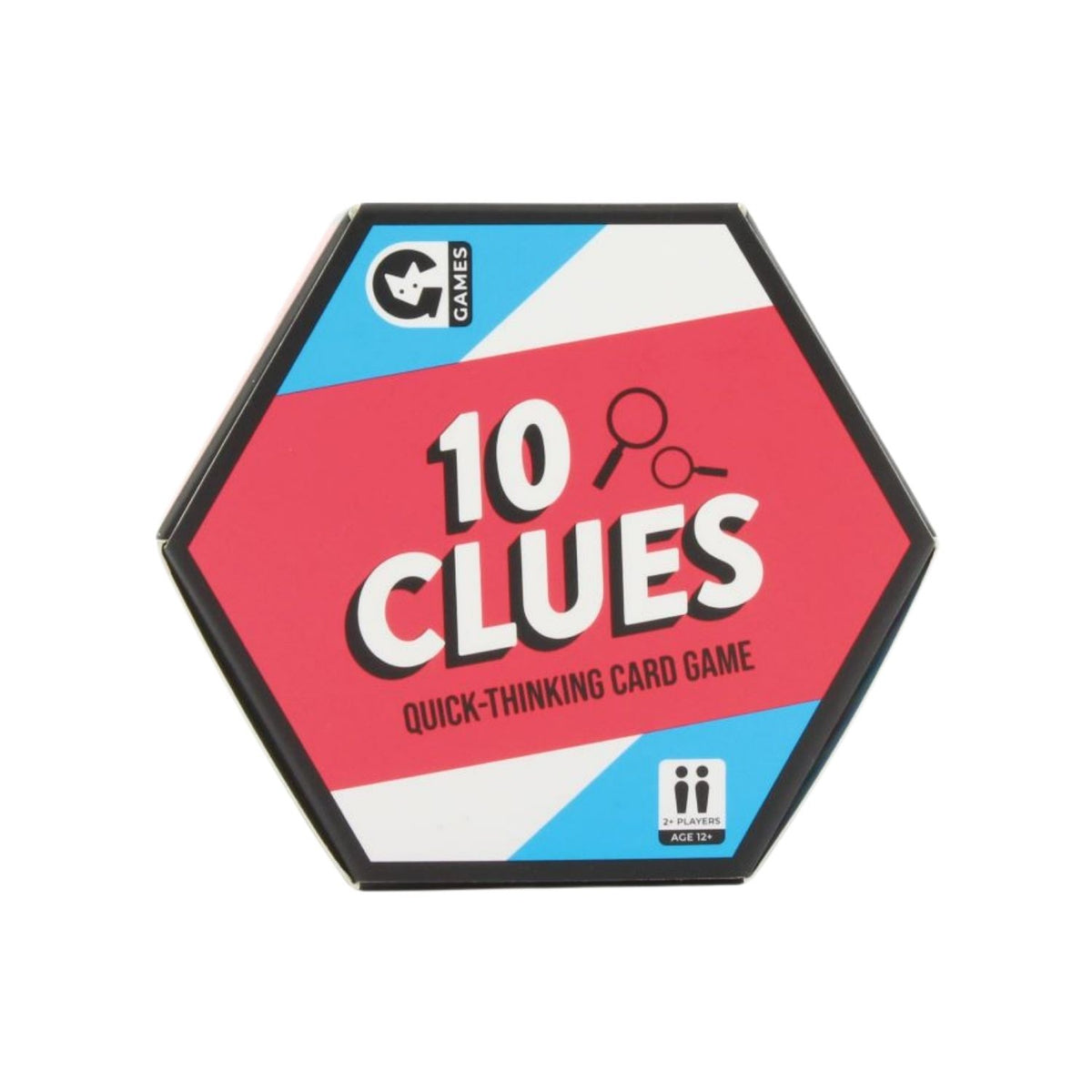 A travel-sized card game called &#39;10 Clues&#39; with a blue, red, and white geometric design on the packaging, indicating it&#39;s a quick-thinking card game.