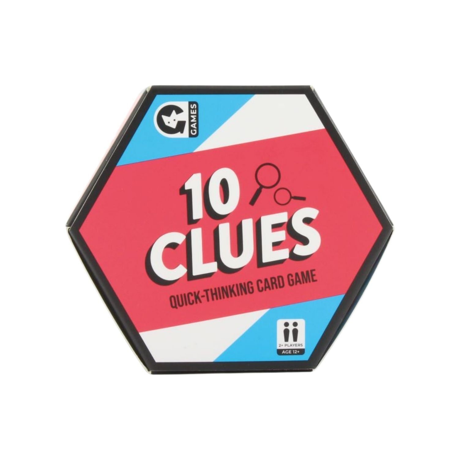 A travel-sized card game called '10 Clues' with a blue, red, and white geometric design on the packaging, indicating it's a quick-thinking card game.