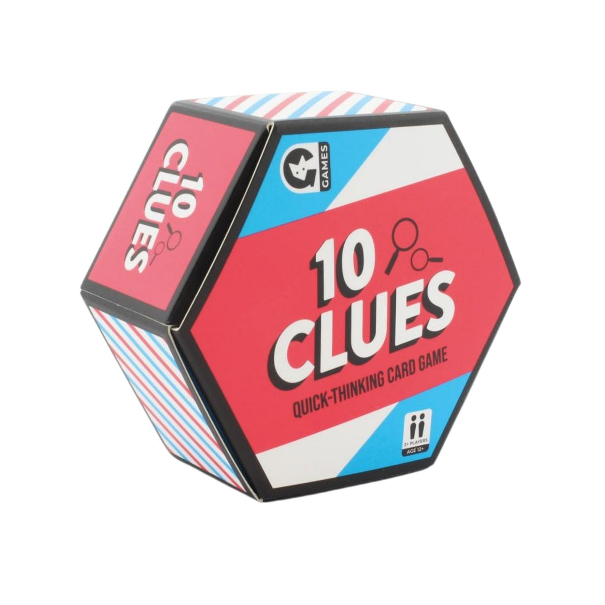 A travel-sized card game called &#39;10 Clues&#39; with a blue, red, and white geometric design on the packaging, indicating it&#39;s a quick-thinking card game.