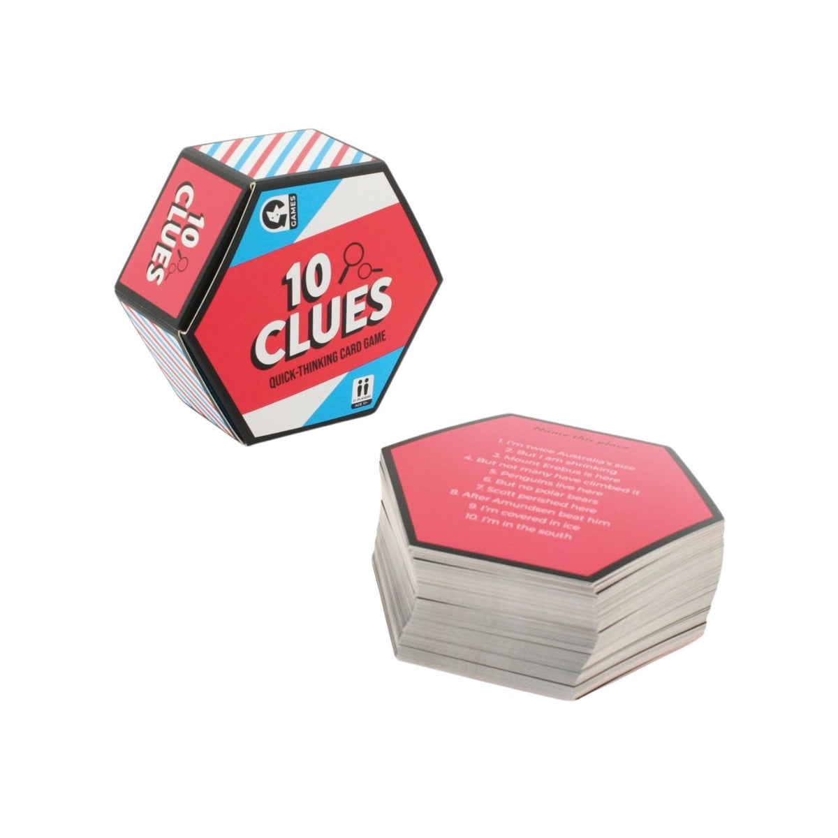 A travel-sized card game called &#39;10 Clues&#39; with a blue, red, and white geometric design on the packaging, indicating it&#39;s a quick-thinking card game.