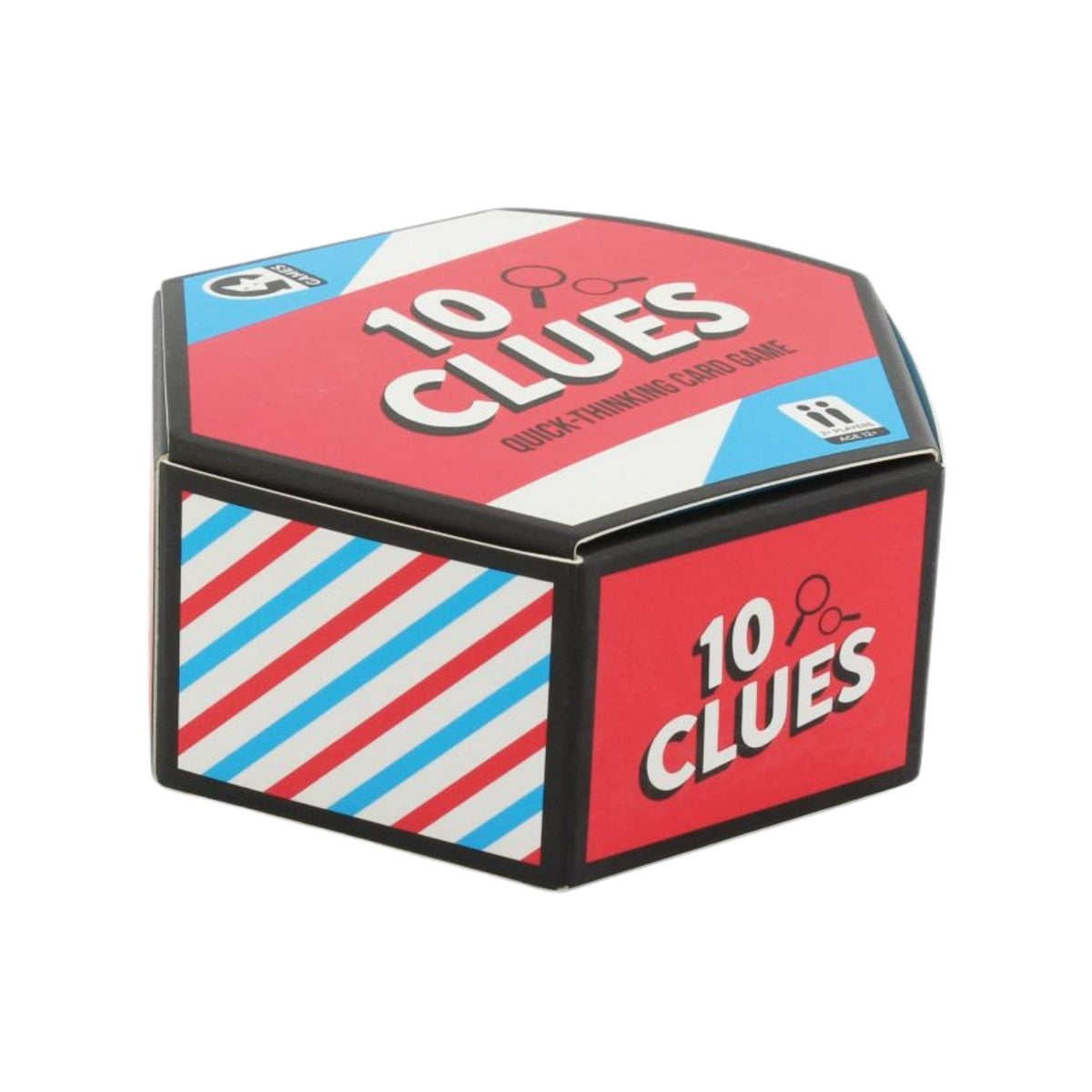A travel-sized card game called &#39;10 Clues&#39; with a blue, red, and white geometric design on the packaging, indicating it&#39;s a quick-thinking card game.