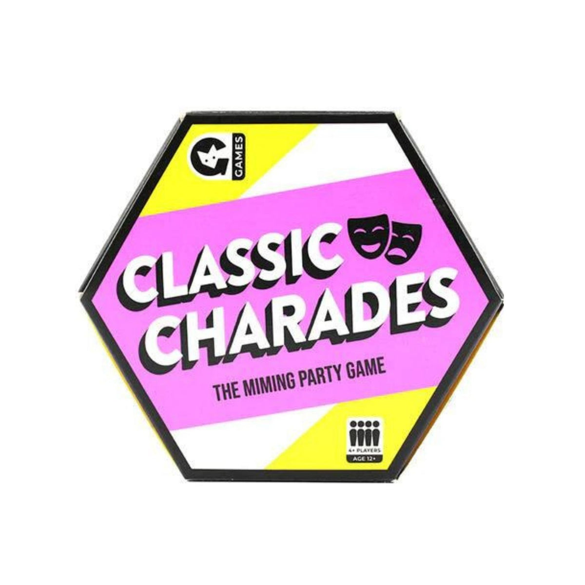 A colorful party game called &#39;Classic Charades&#39; presented in a triangular box with a vibrant design, featuring the text &#39;The Mining Party&#39; on the cover.