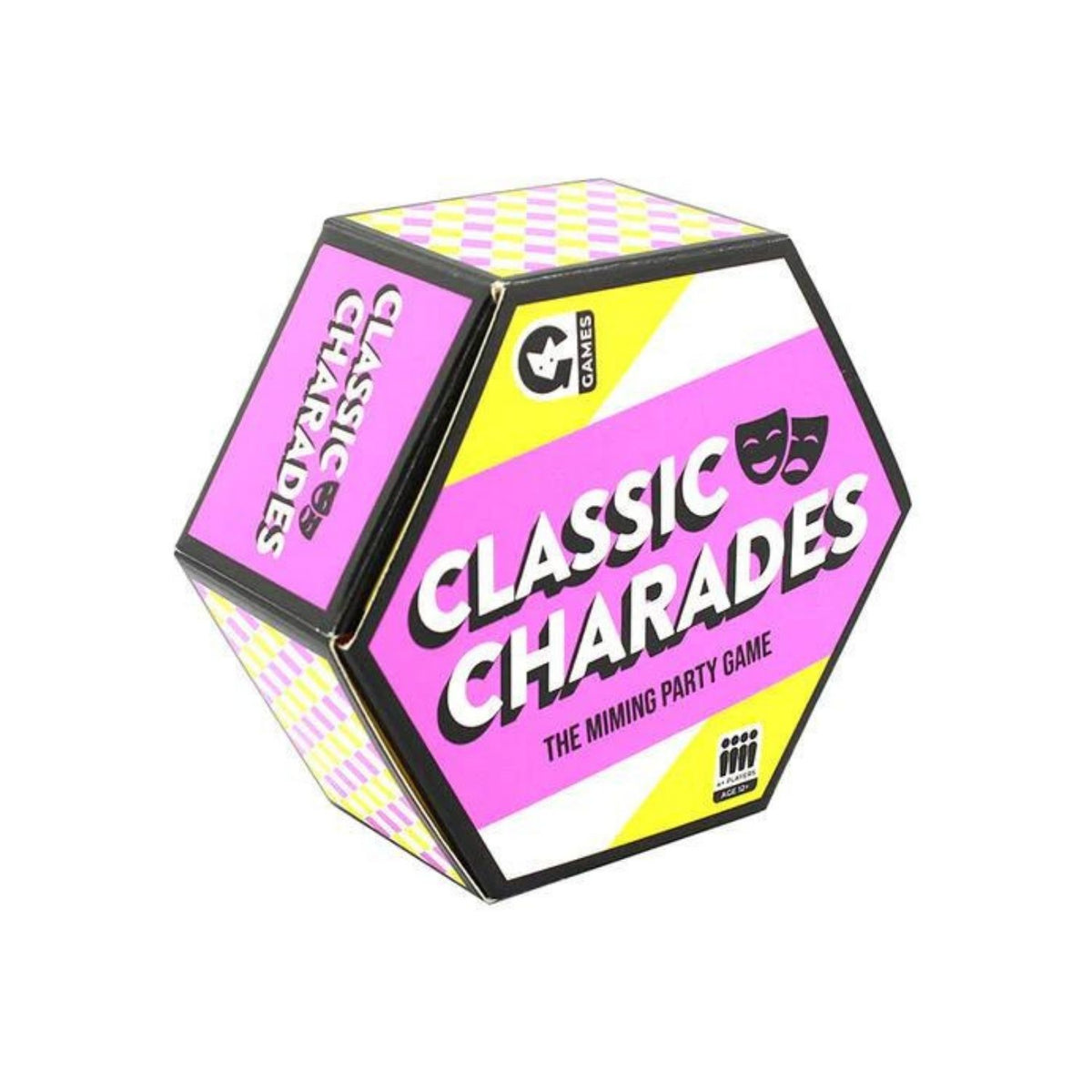 A colorful party game called &#39;Classic Charades&#39; presented in a triangular box with a vibrant design, featuring the text &#39;The Mining Party&#39; on the cover.