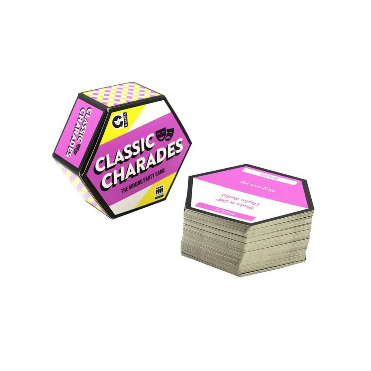 A colorful party game called &#39;Classic Charades&#39; presented in a triangular box with a vibrant design, featuring the text &#39;The Mining Party&#39; on the cover.