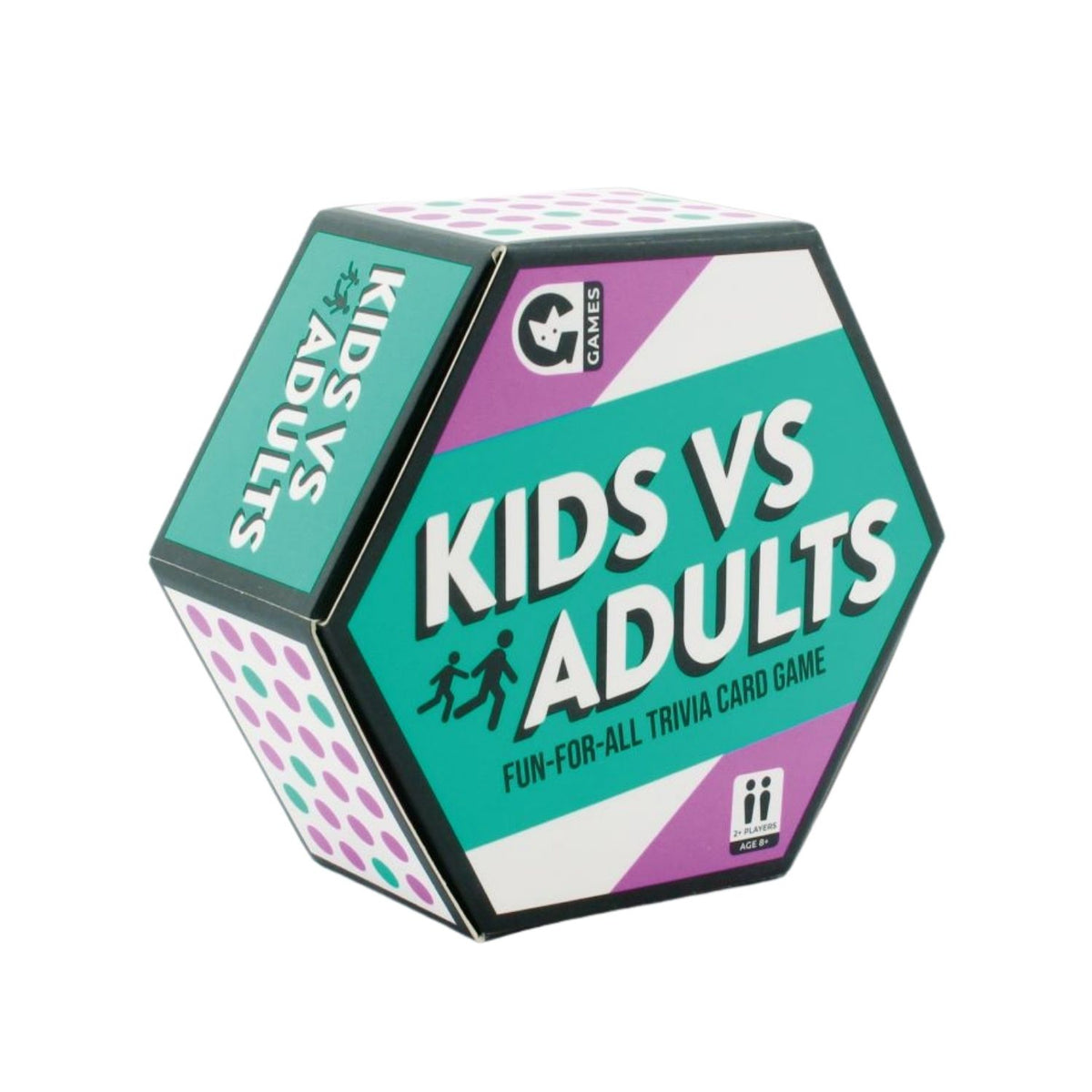 A trivia card game titled &#39;Kids Vs Adults&#39; with a colorful geometric design on the packaging.
