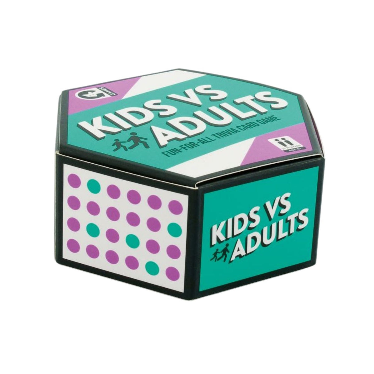 A trivia card game titled &#39;Kids Vs Adults&#39; with a colorful geometric design on the packaging.