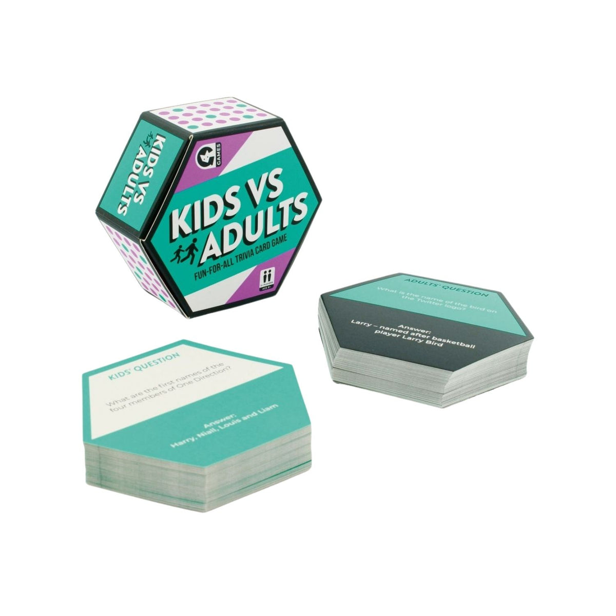A trivia card game titled &#39;Kids Vs Adults&#39; with a colorful geometric design on the packaging.