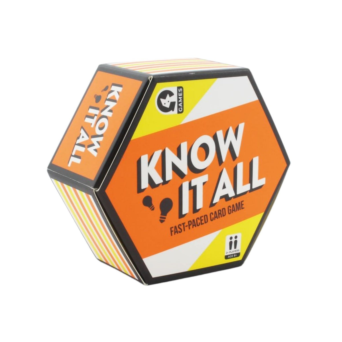 A trivia card game titled &#39;Know it All&#39; with a fast-paced card game description, featuring an orange and yellow color scheme with a hexagonal board game piece.