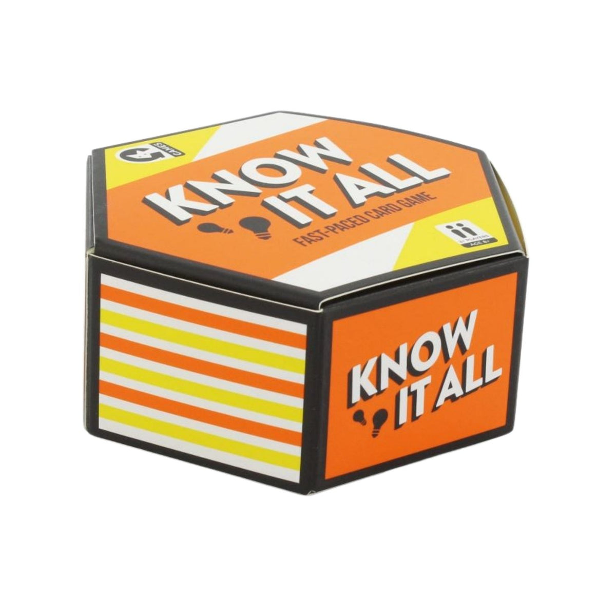 A trivia card game titled &#39;Know it All&#39; with a fast-paced card game description, featuring an orange and yellow color scheme with a hexagonal board game piece.
