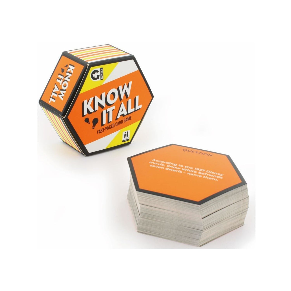 A trivia card game titled &#39;Know it All&#39; with a fast-paced card game description, featuring an orange and yellow color scheme with a hexagonal board game piece.