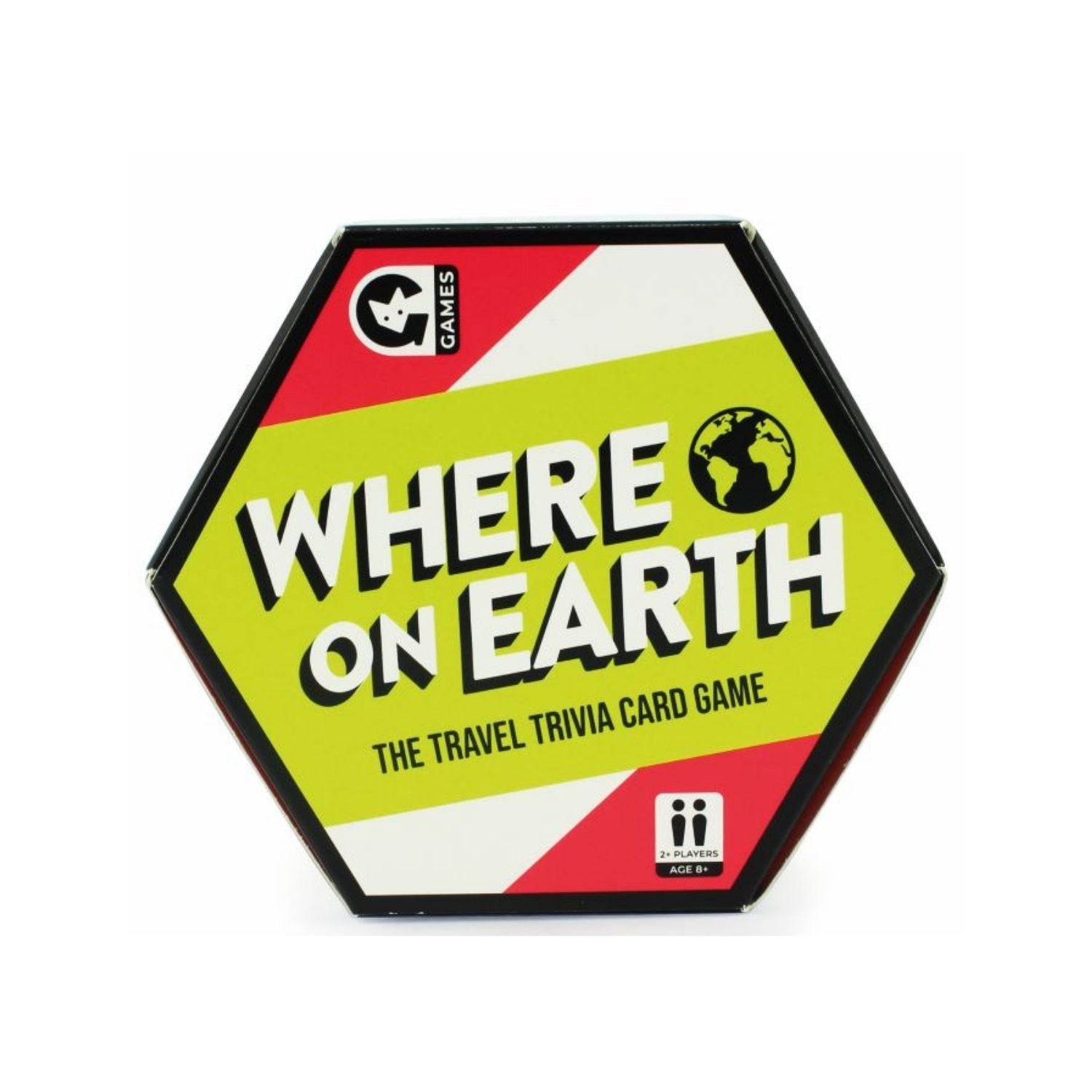 A package of the 'Where on Earth?' travel trivia card game with a world map and questions on the cover.