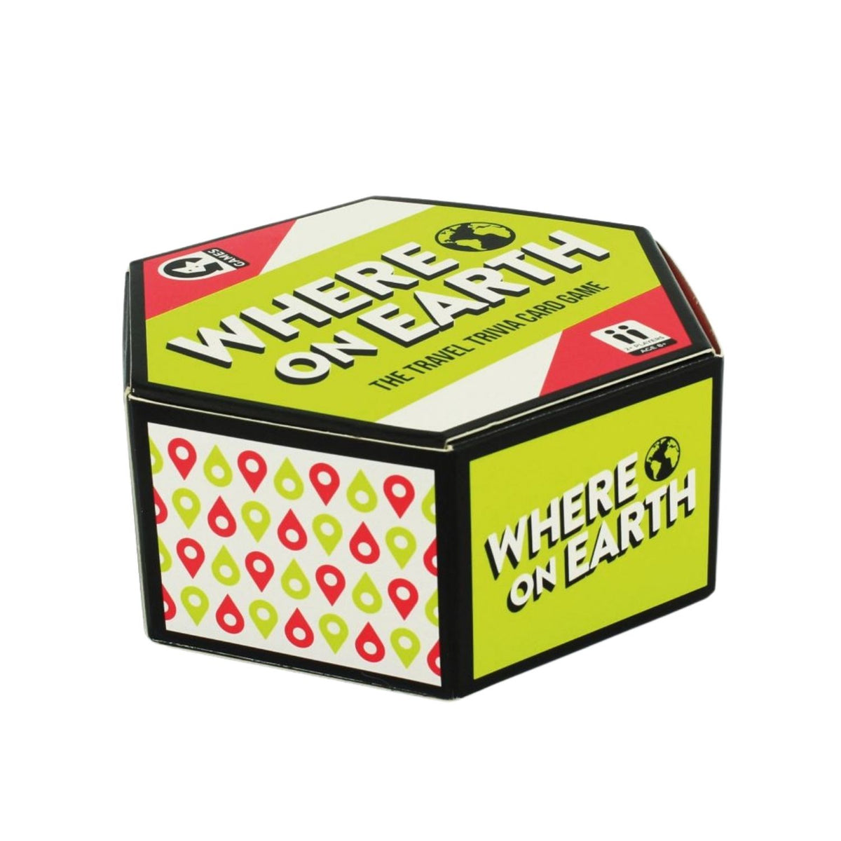 A package of the &#39;Where on Earth?&#39; travel trivia card game with a world map and questions on the cover.