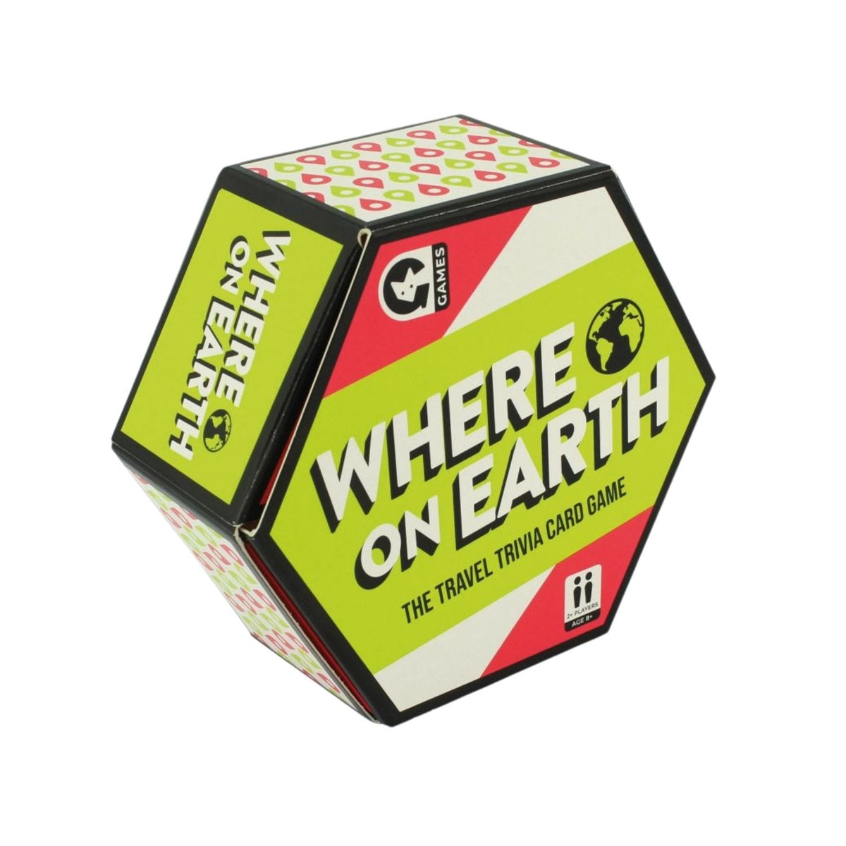 A package of the &#39;Where on Earth?&#39; travel trivia card game with a world map and questions on the cover.