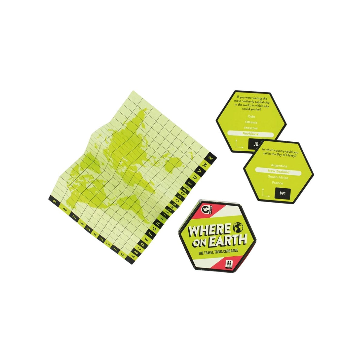 A package of the &#39;Where on Earth?&#39; travel trivia card game with a world map and questions on the cover.