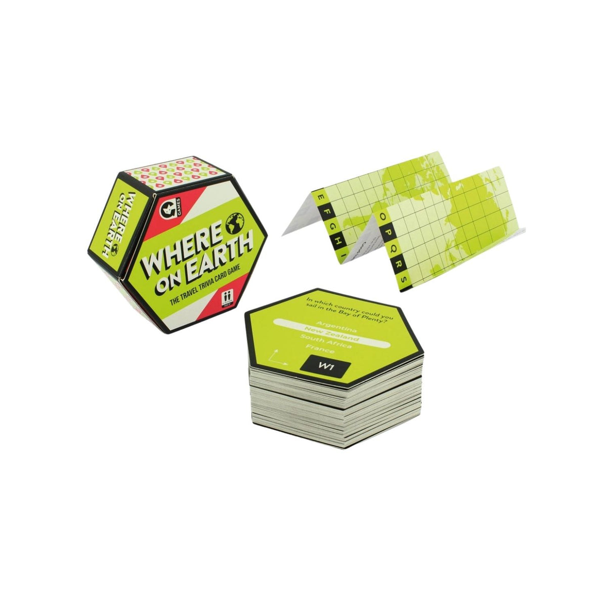 A package of the &#39;Where on Earth?&#39; travel trivia card game with a world map and questions on the cover.