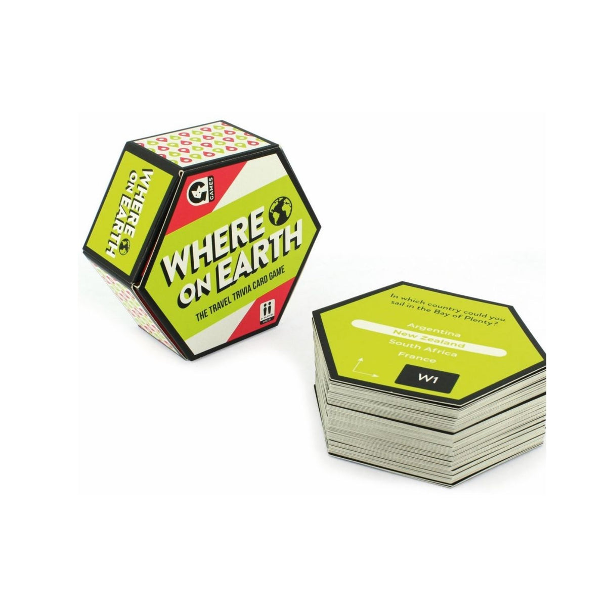 A package of the &#39;Where on Earth?&#39; travel trivia card game with a world map and questions on the cover.