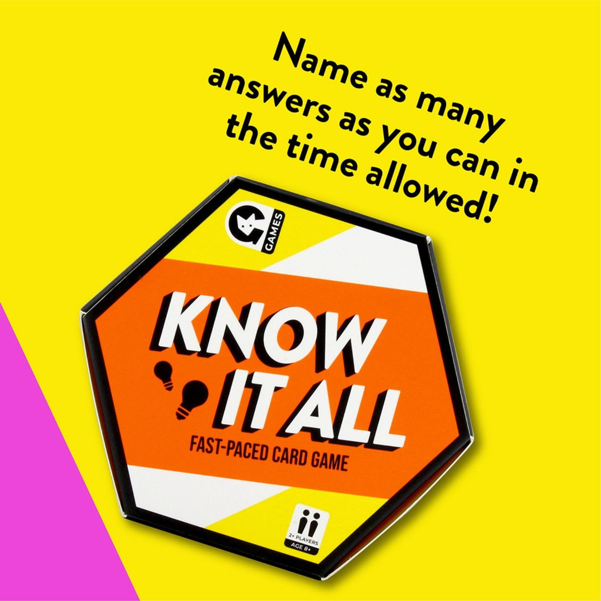 A trivia card game titled &#39;Know it All&#39; with a fast-paced card game description, featuring an orange and yellow color scheme with a hexagonal board game piece.