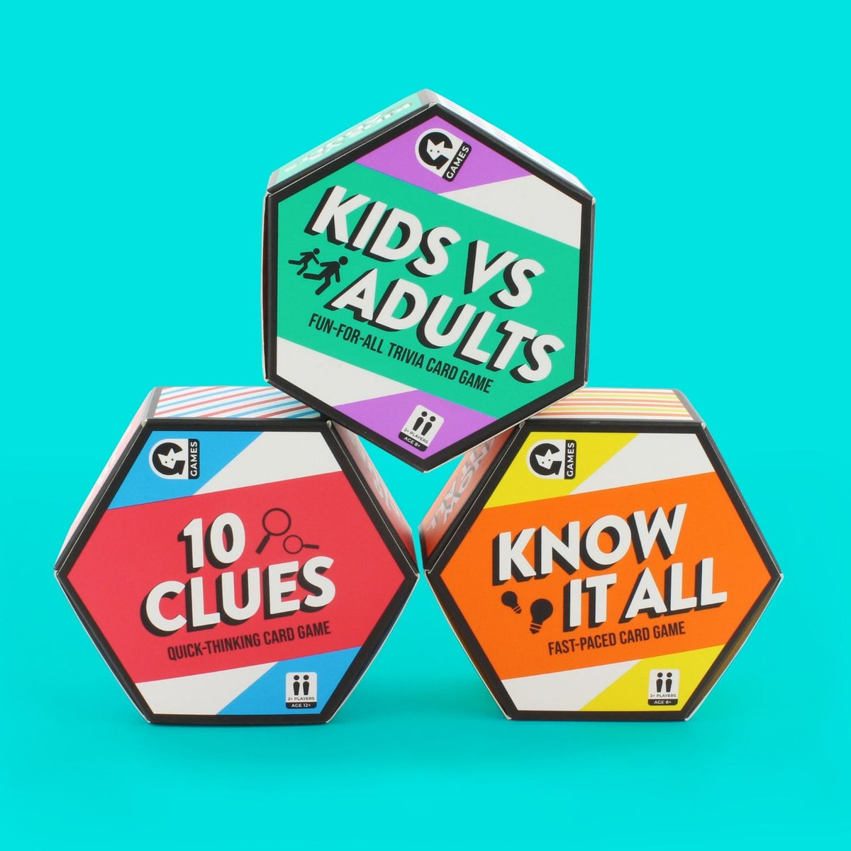 A trivia card game titled &#39;Kids Vs Adults&#39; with a colorful geometric design on the packaging.