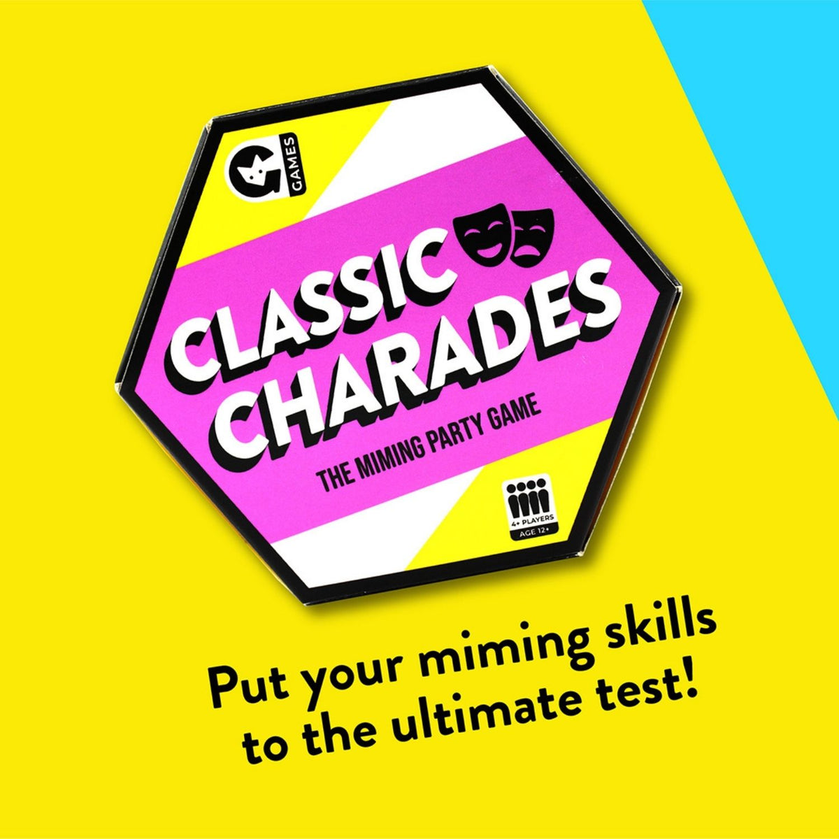 A colorful party game called &#39;Classic Charades&#39; presented in a triangular box with a vibrant design, featuring the text &#39;The Mining Party&#39; on the cover.