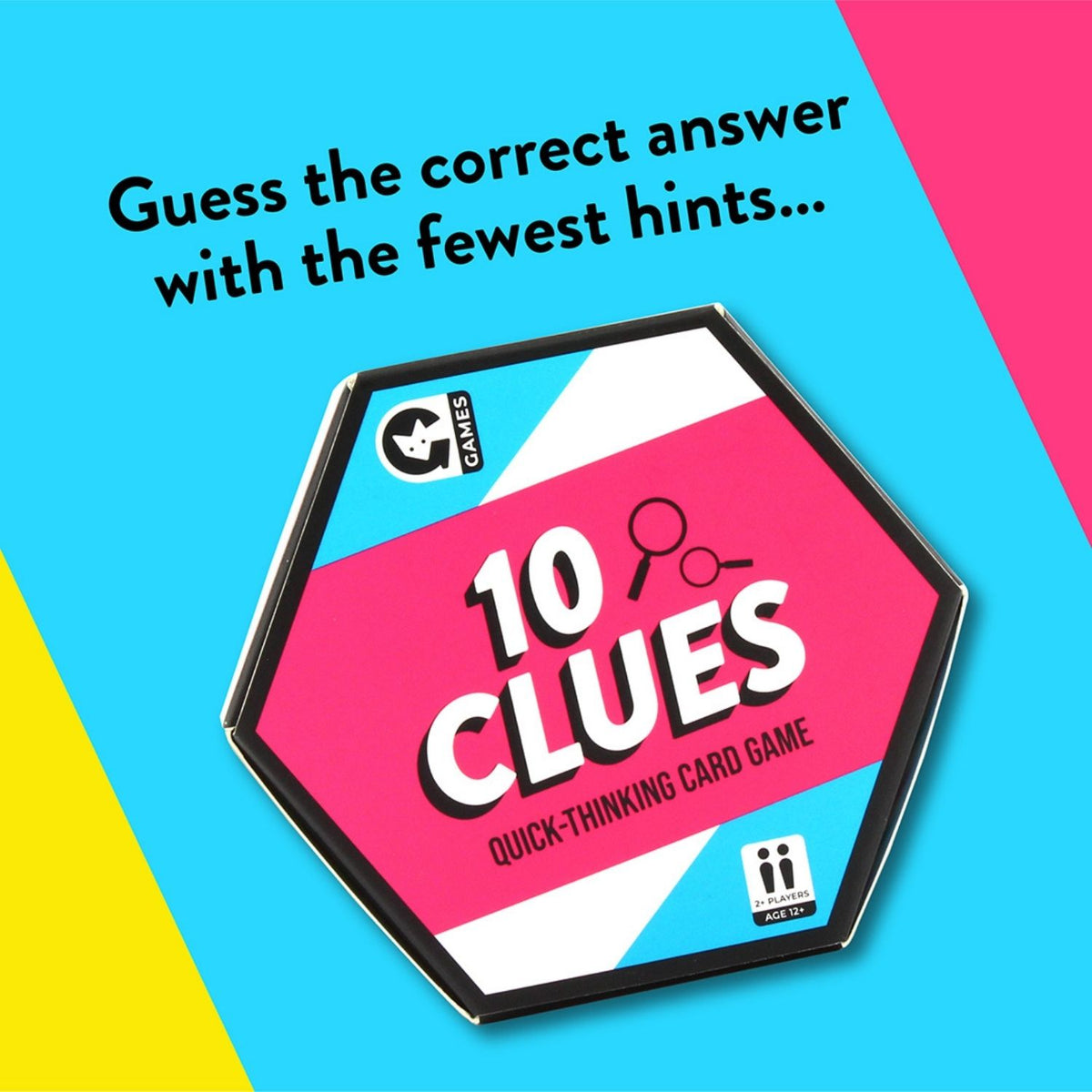 A travel-sized card game called &#39;10 Clues&#39; with a blue, red, and white geometric design on the packaging, indicating it&#39;s a quick-thinking card game.