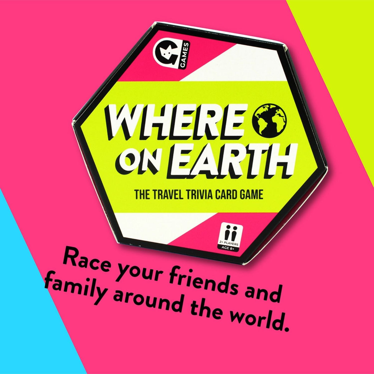 A package of the &#39;Where on Earth?&#39; travel trivia card game with a world map and questions on the cover.