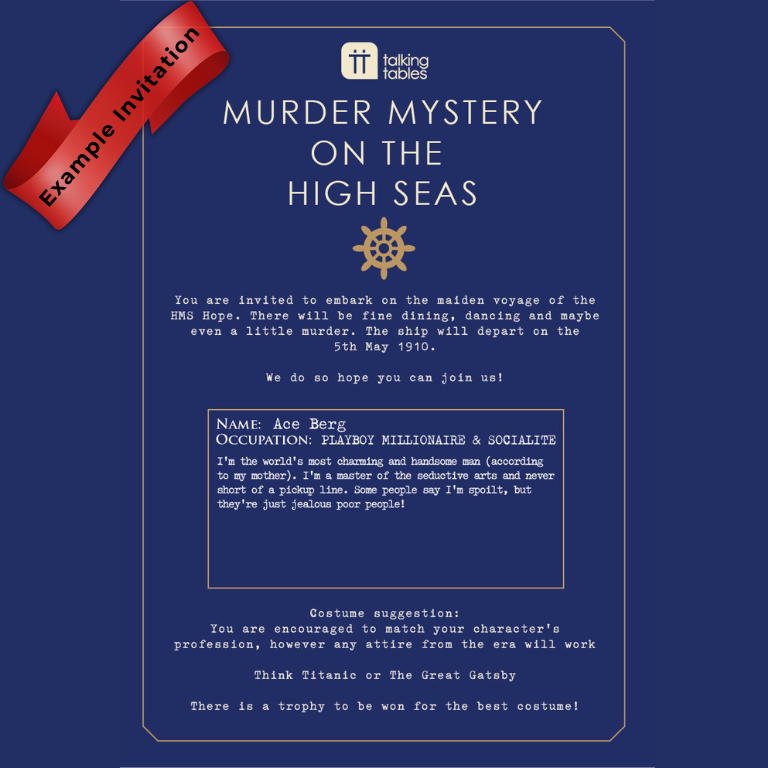 Invitation to a murder mystery event on the high seas with text and ship icon.