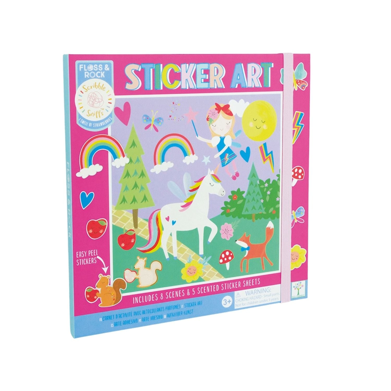 Sticker art kit packaging with a unicorn and forest design on a pink and blue background.