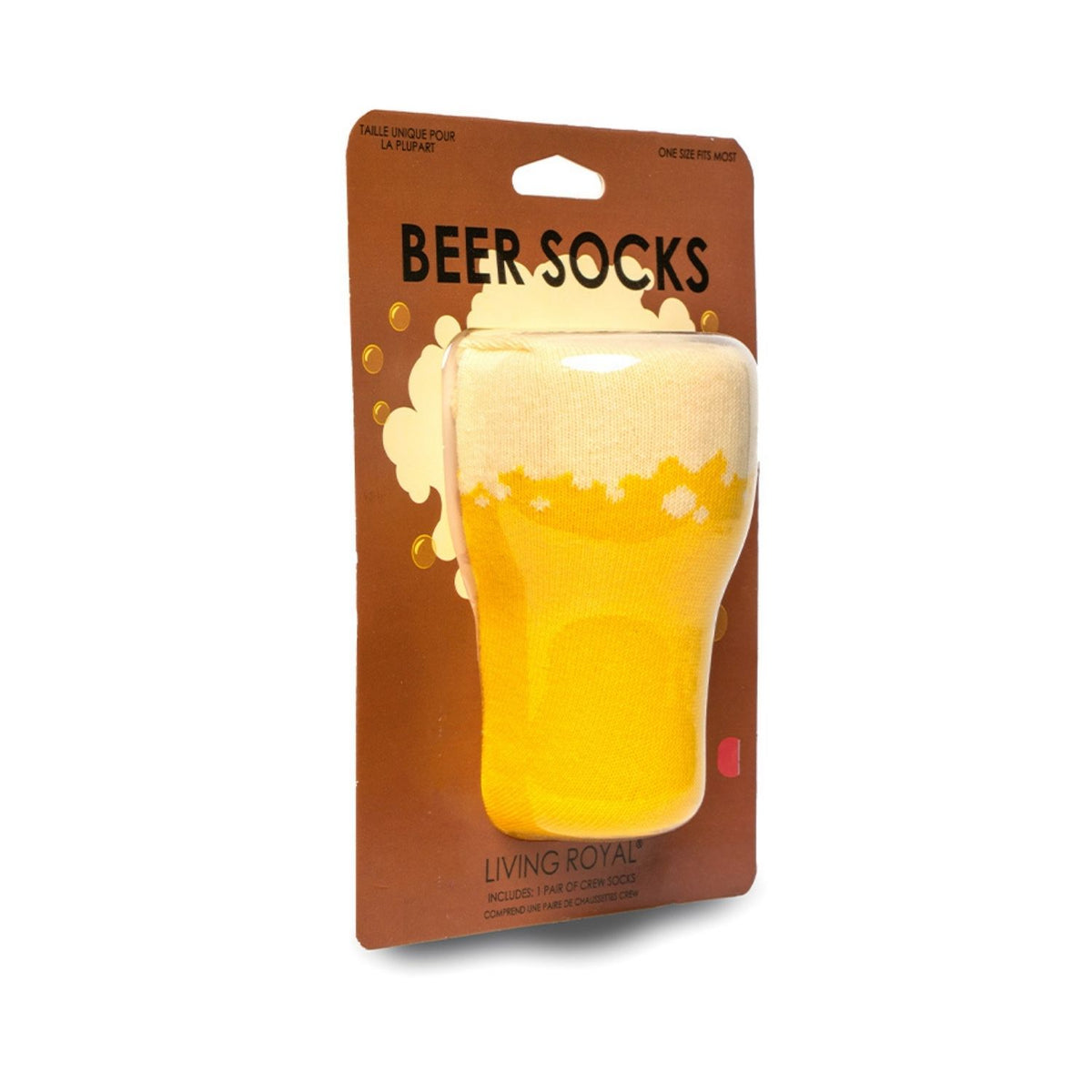 Packaging of beer socks with a glass of beer design on a white background