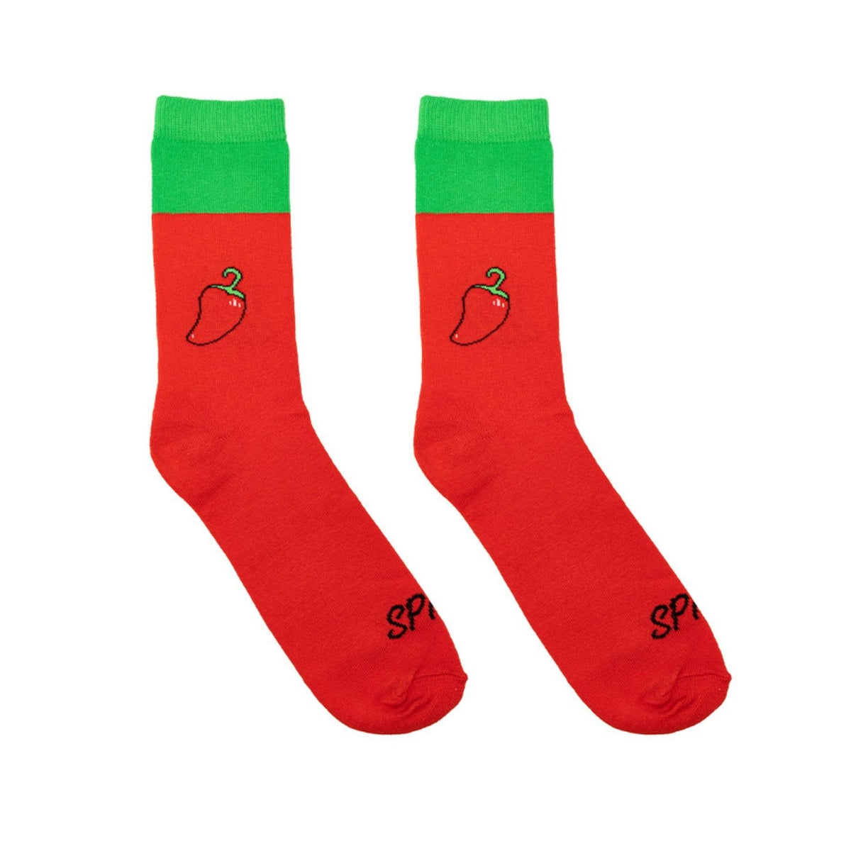 Red socks with green cuffs and 'SPICY' text on a white background