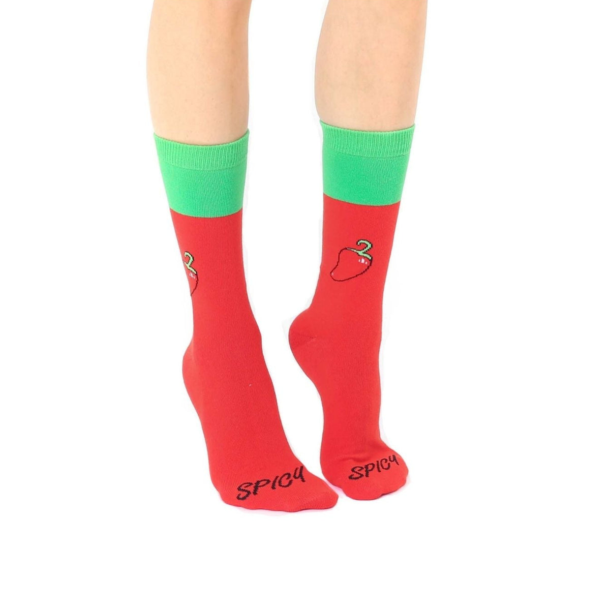 Red socks with green cuffs and 'Spicy' text on a white background