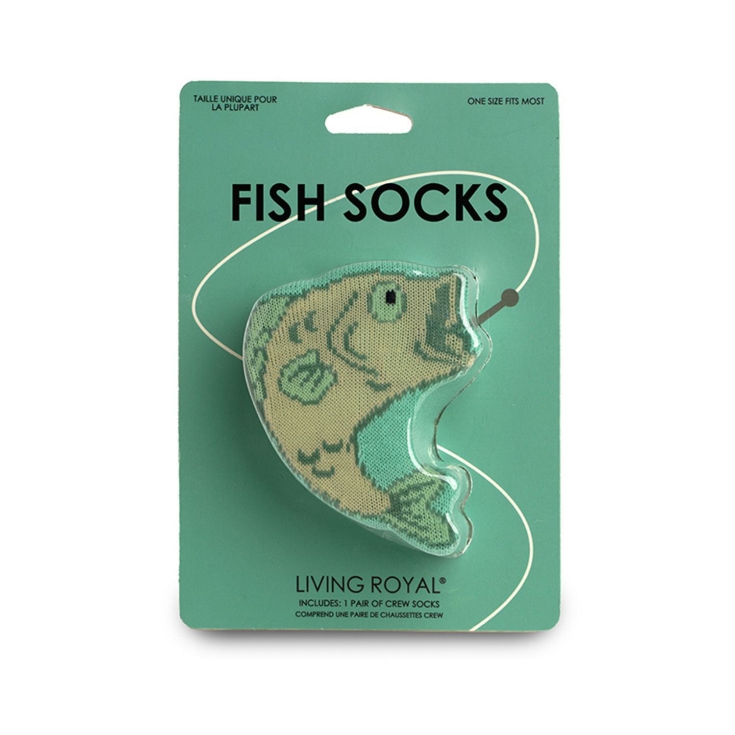 Packaged fish-shaped socks with 'Living Royal' branding on a green background