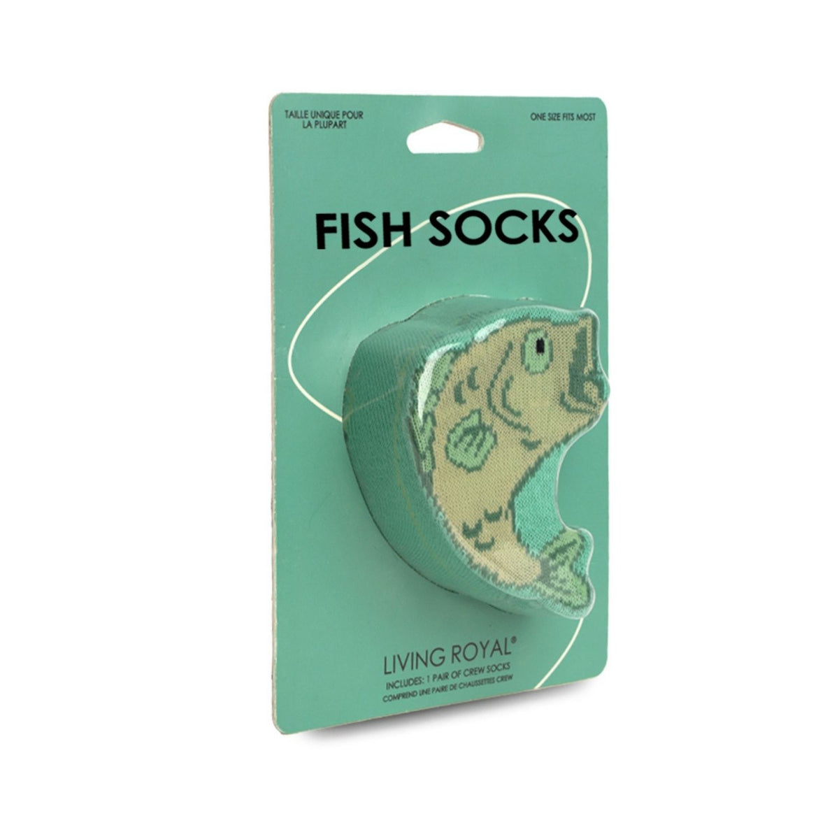 Packaging of fish-shaped socks with 'Living Royal' branding on a white background