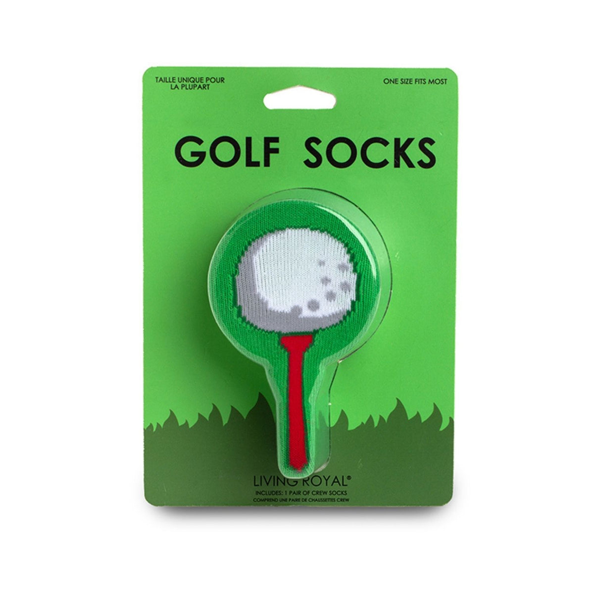 Packaging of golf socks with a golf club and ball design on a green background