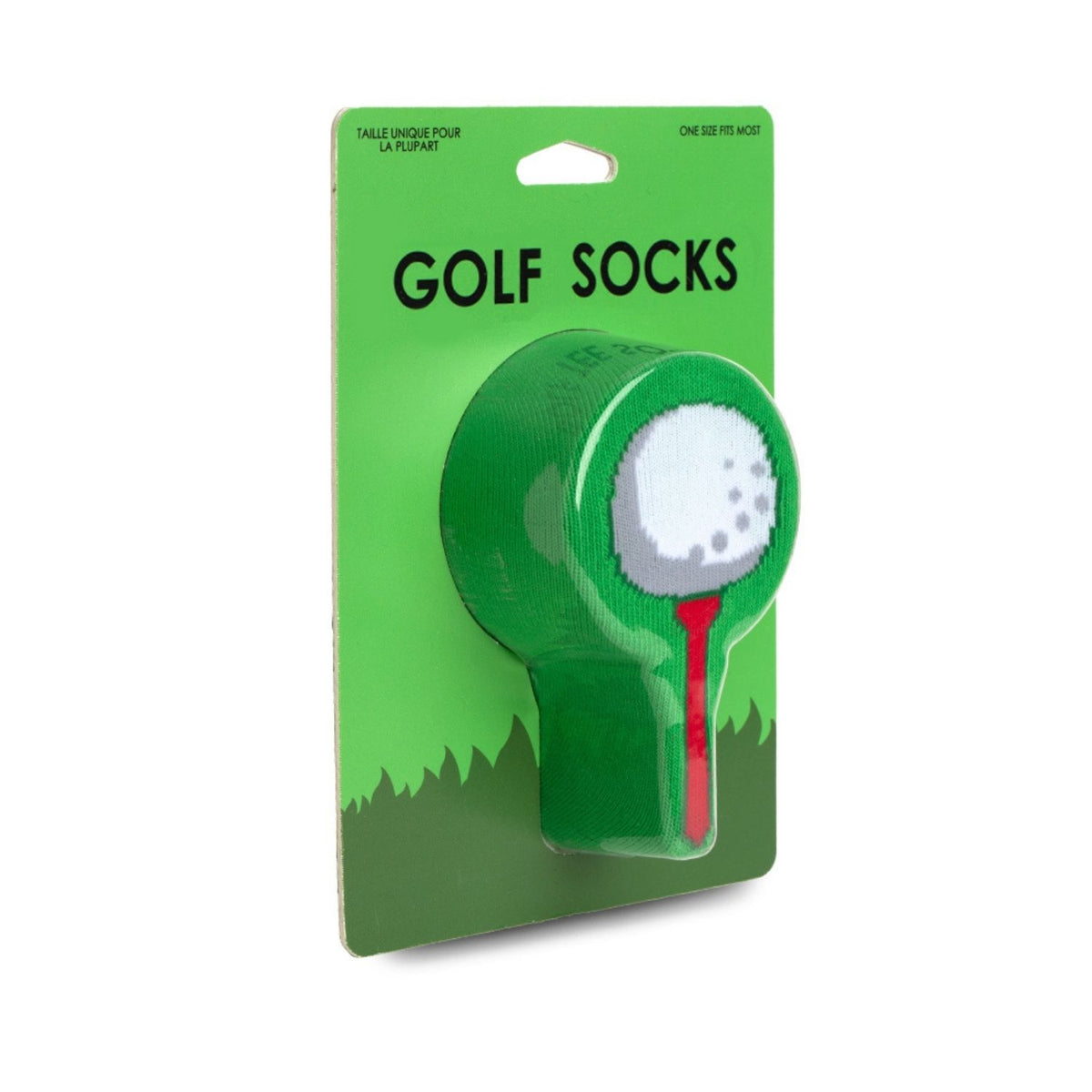 Green packaging of golf socks with a golf ball design on a white background