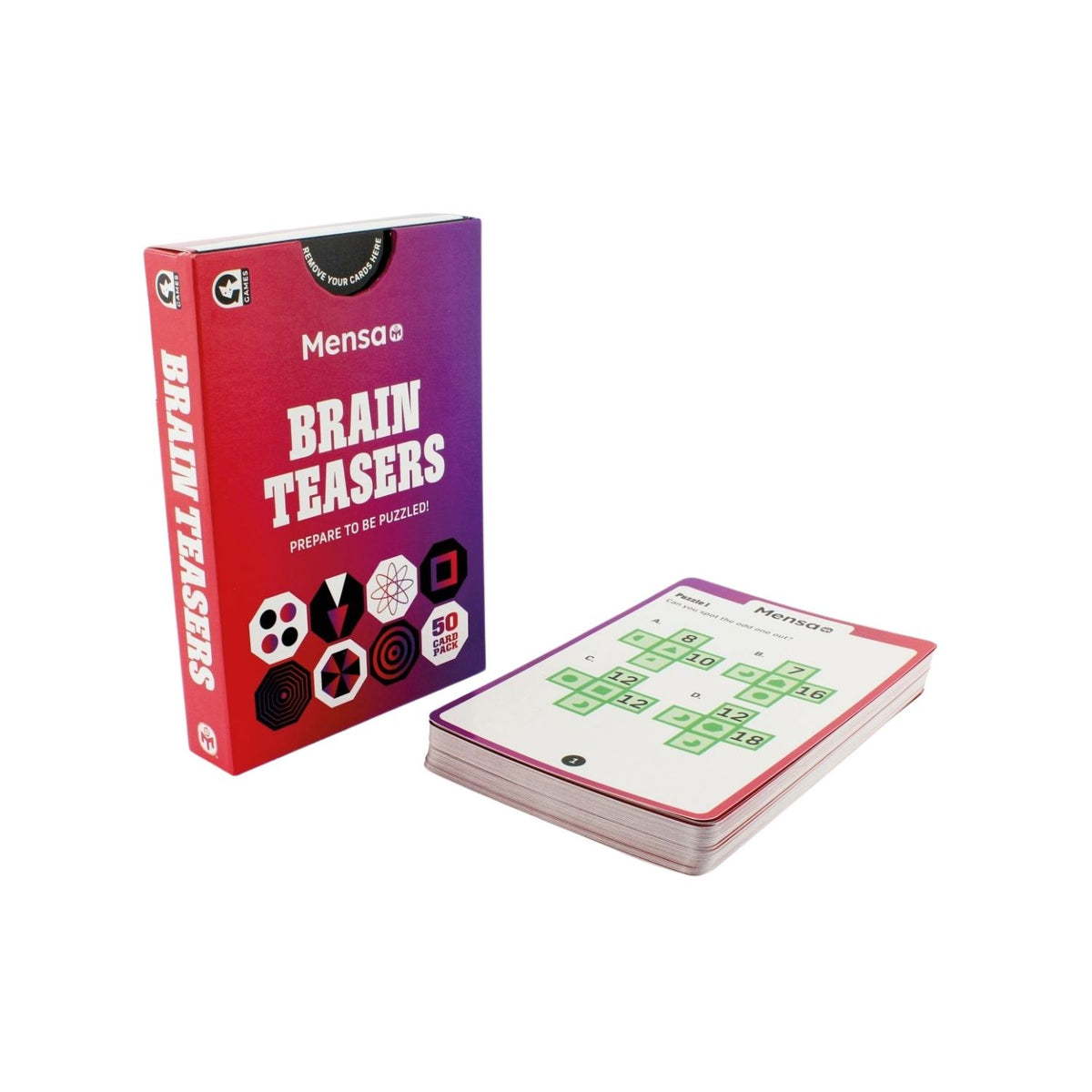 A pack of Mensa Brain Teasers with 50 double-sided puzzle cards. The packaging is predominantly red and purple with brain-related imagery and text.