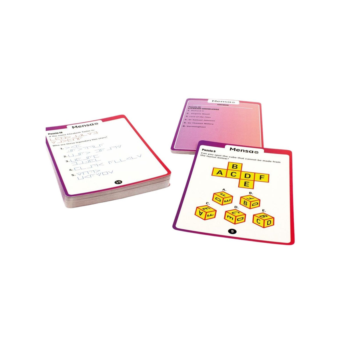 A pack of Mensa Brain Teasers with 50 double-sided puzzle cards. The packaging is predominantly red and purple with brain-related imagery and text.
