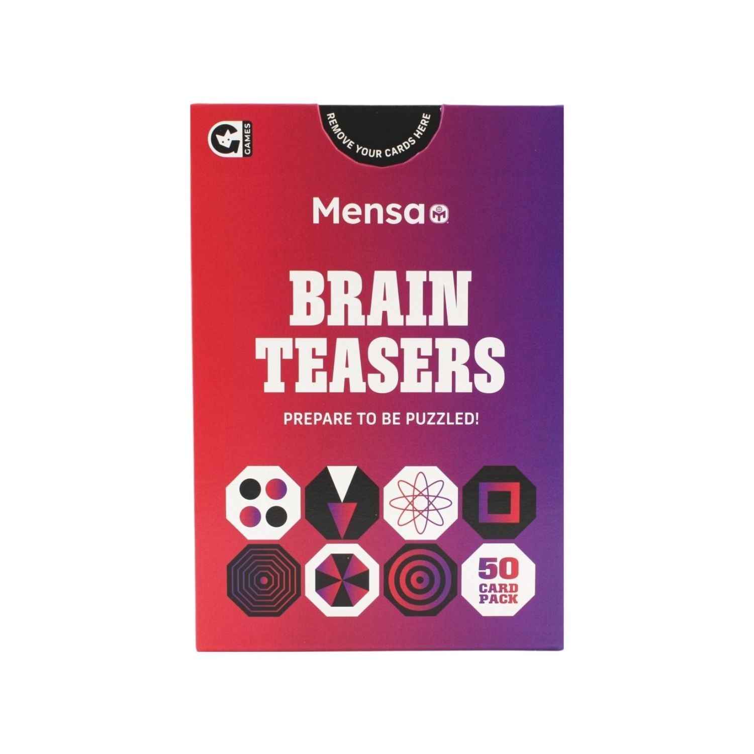 A pack of Mensa Brain Teasers with 50 double-sided puzzle cards. The packaging is predominantly red and purple with brain-related imagery and text.