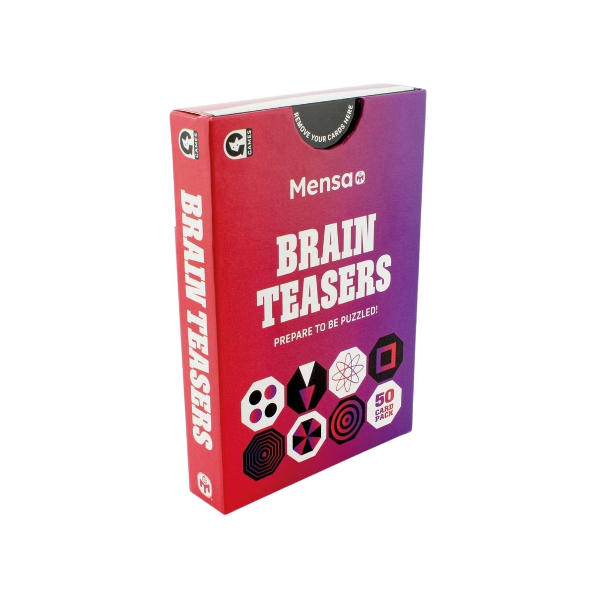A pack of Mensa Brain Teasers with 50 double-sided puzzle cards. The packaging is predominantly red and purple with brain-related imagery and text.