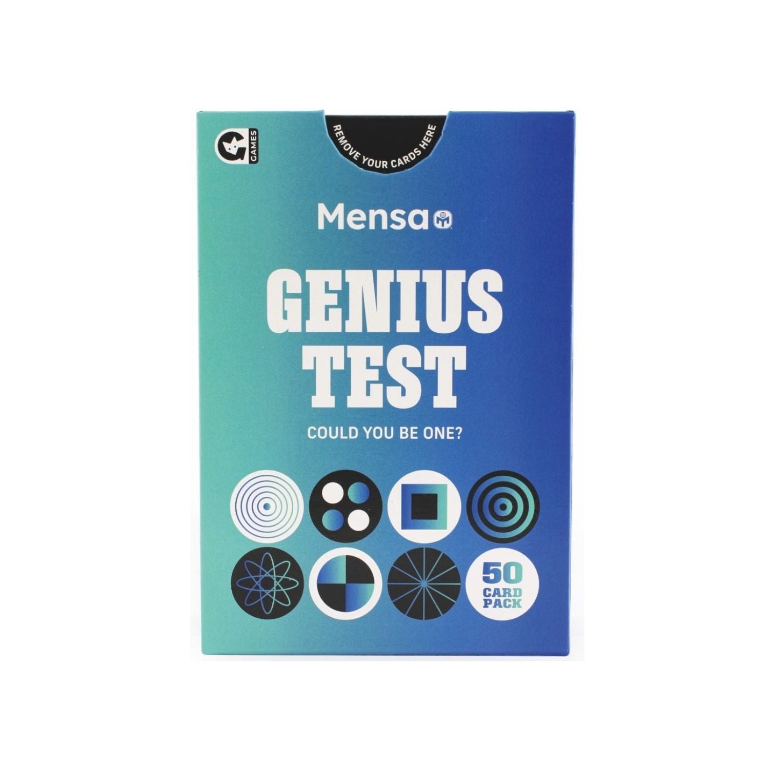 A box of Mensa Genius Test puzzles with a blue and white design, indicating a set of 50 cards for ages 14 and up.