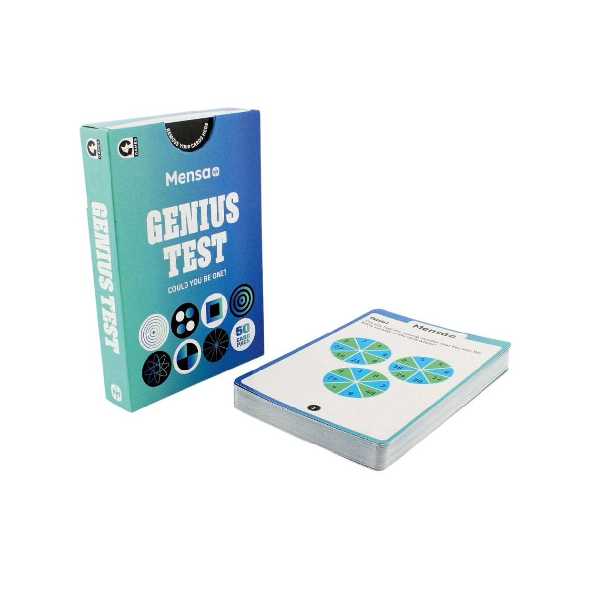 A box of Mensa Genius Test puzzles with a blue and white design, indicating a set of 50 cards for ages 14 and up.