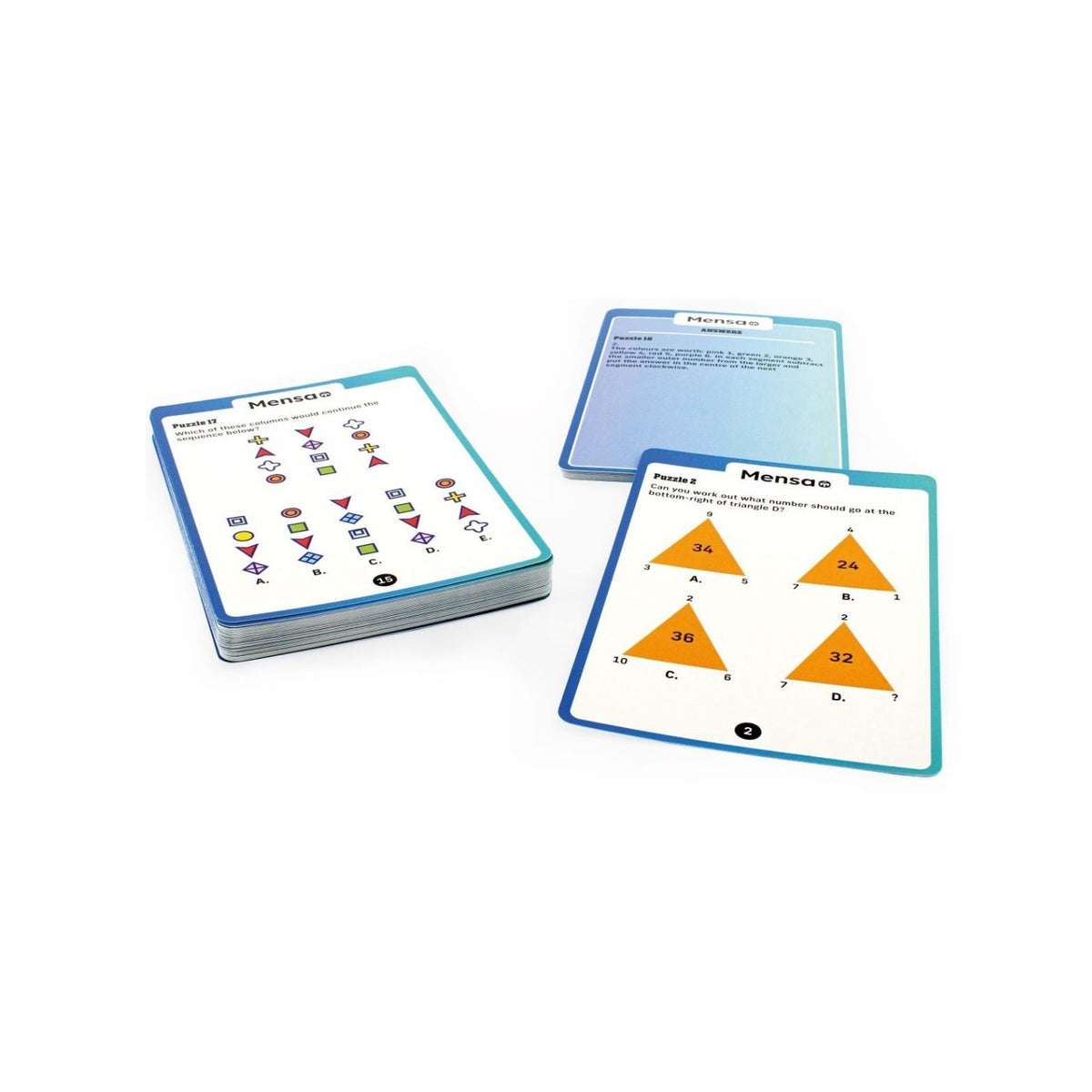 A box of Mensa Genius Test puzzles with a blue and white design, indicating a set of 50 cards for ages 14 and up.