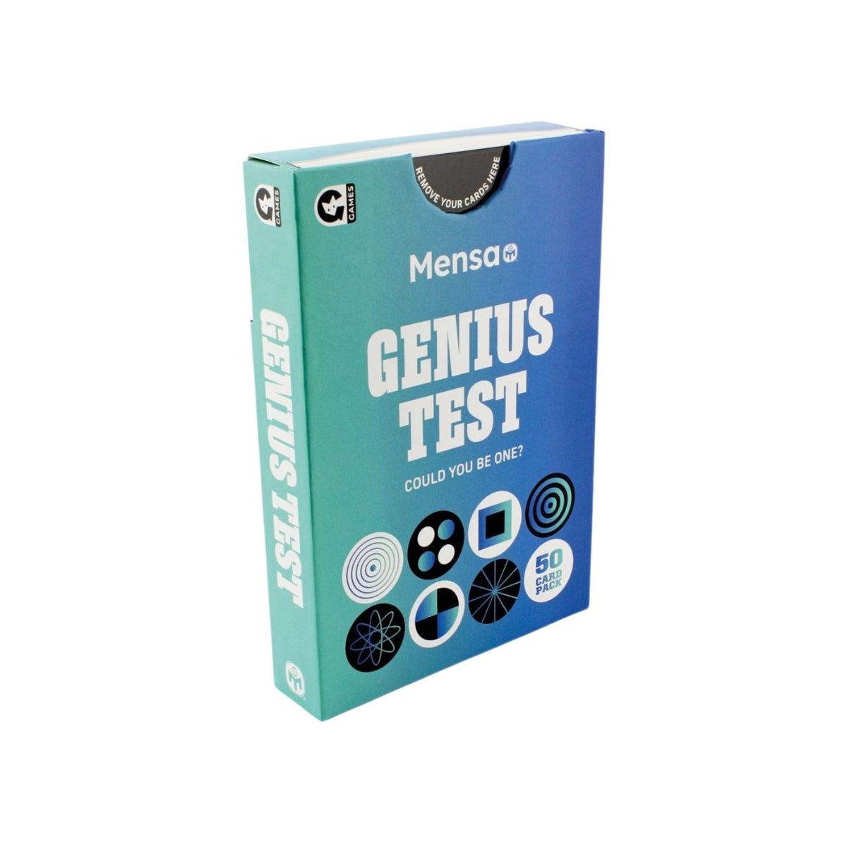 A box of Mensa Genius Test puzzles with a blue and white design, indicating a set of 50 cards for ages 14 and up.
