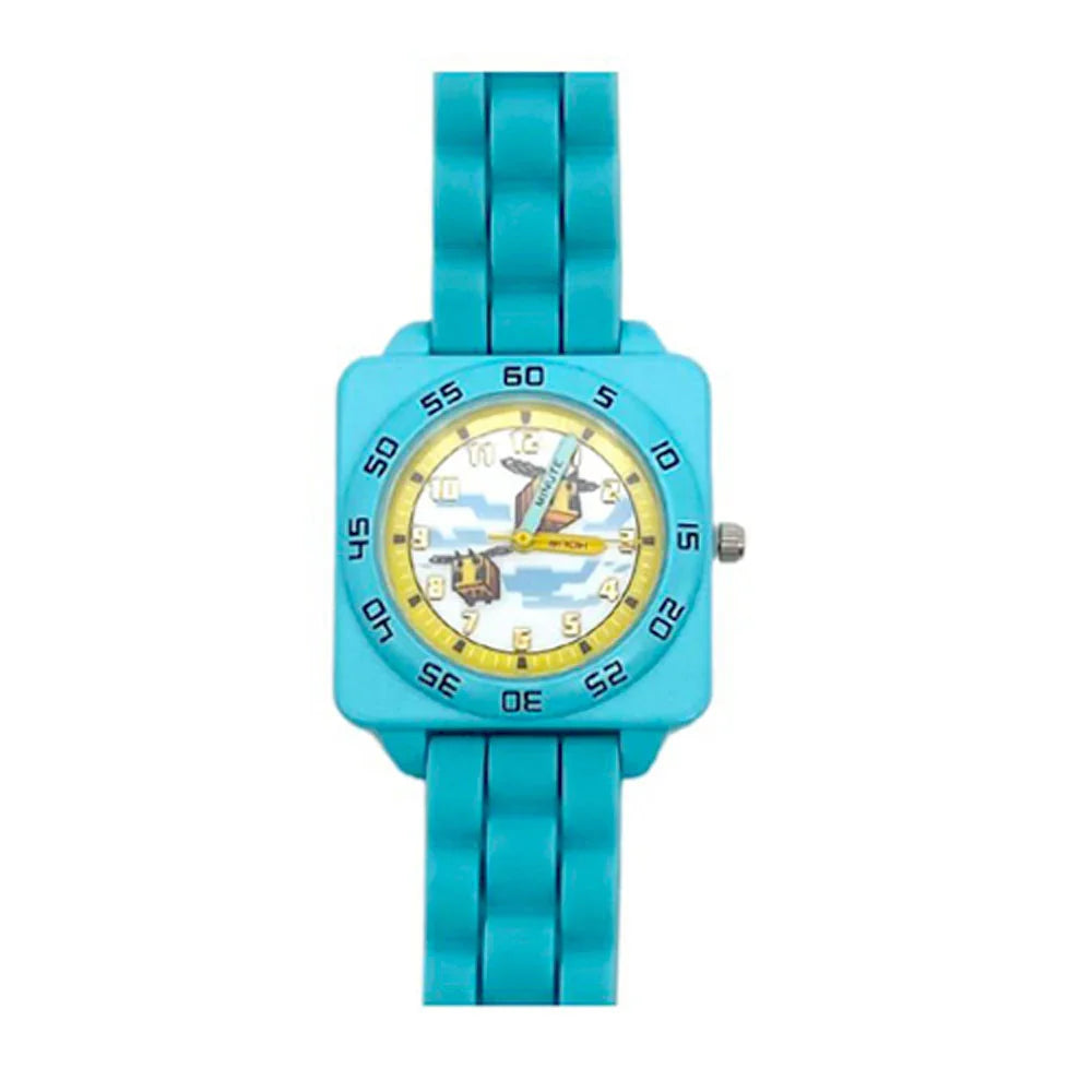 Turquoise watch with a cartoon character on the dial against a white background. Your children can learn how the tell the time with our new Minecraft Time Teacher Bee Design Watch