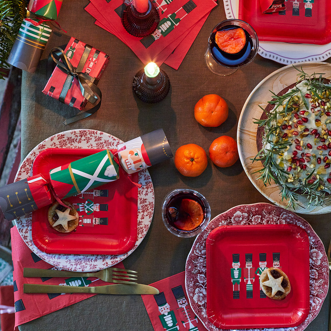 Botanical Nutcracker Christmas Crackers  on a set table 