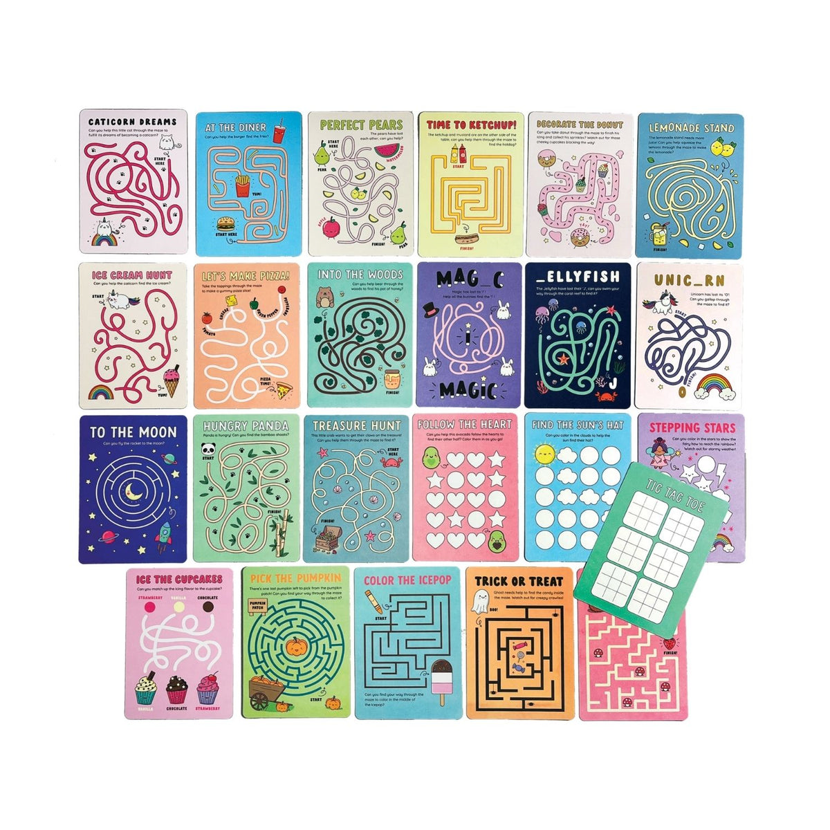 All 24 cards fanned out to demonstrate the variety of maze designs and themes, ensuring every puzzle feels like a new exploration.